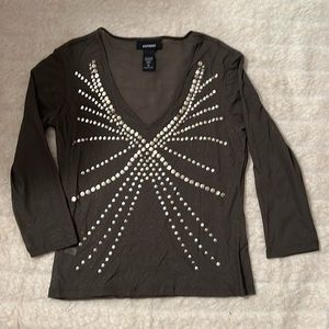 Express sheer olive green shirt with stud detail and shimmer